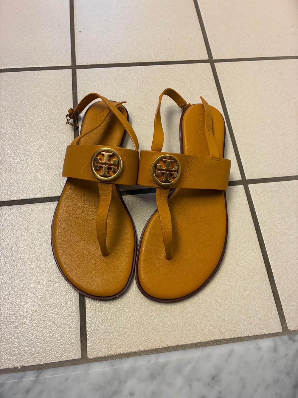 Tory Burch Mustard Leather Logo Thong Sandals